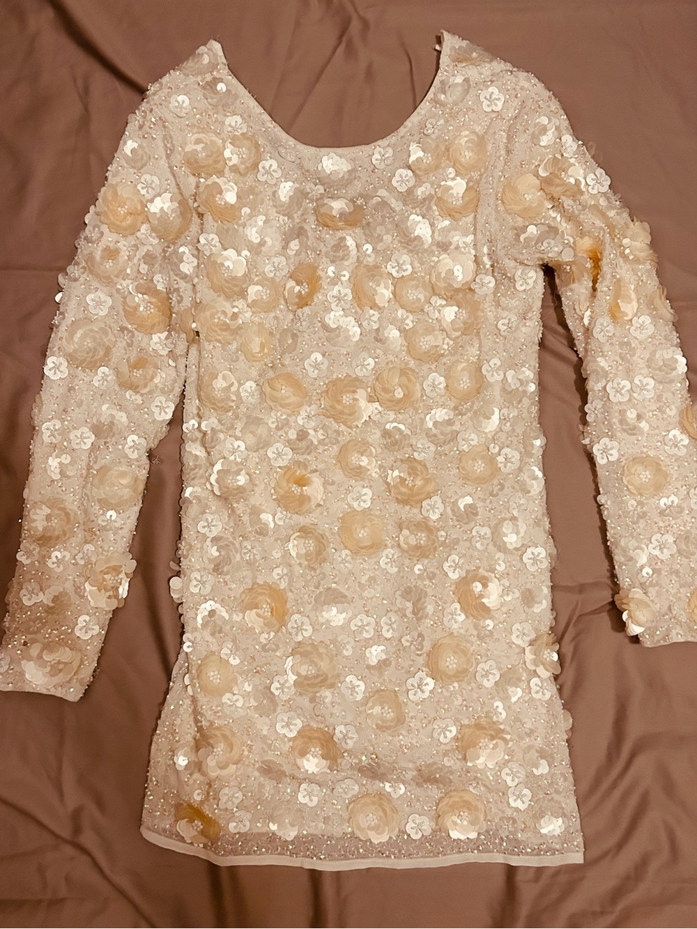Asos bride Embellished Long Sleeve Floral Sequin Mini Dress - Cream Size 10